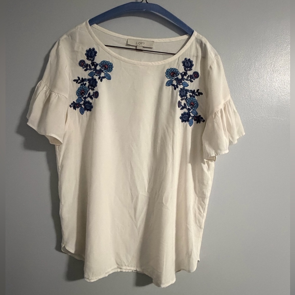 LOFT Cream Top with Blue Embroidery
